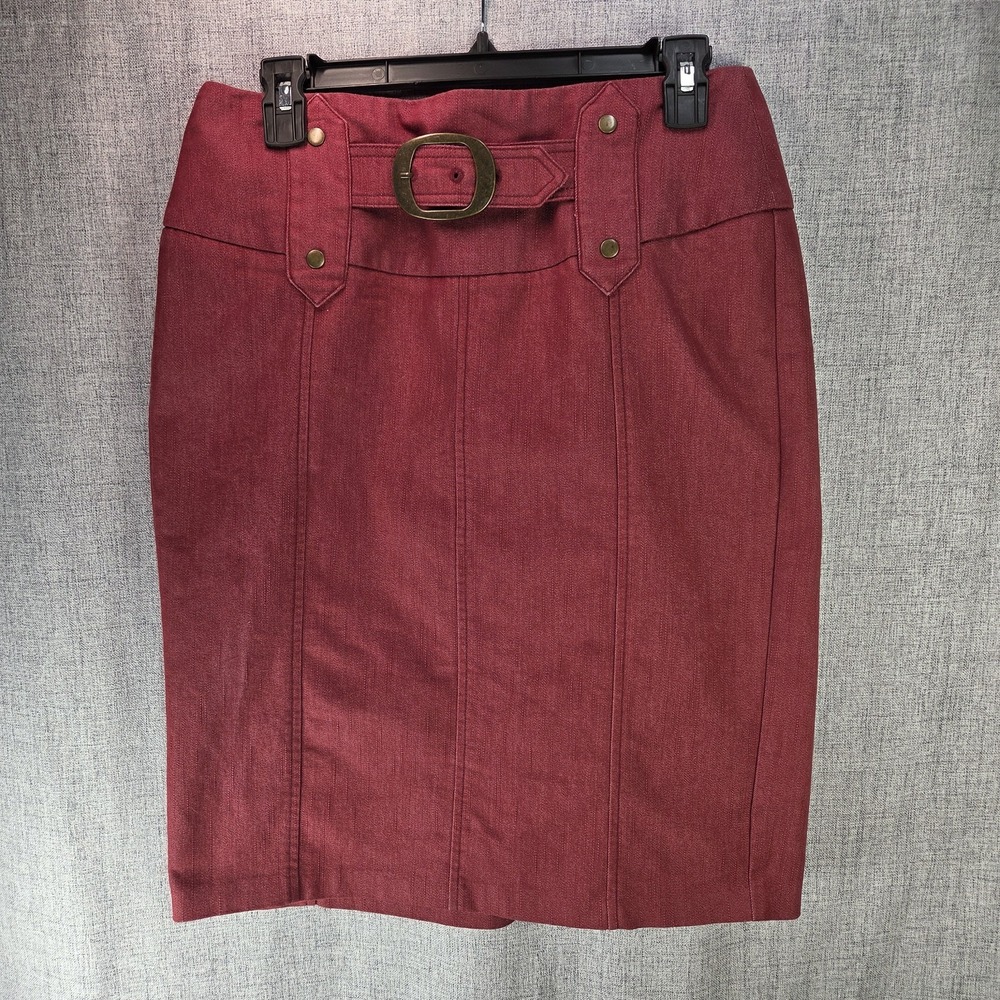 VTG NY Clothing Co Denim Skirt Women's SZ 6 Burgundy Western Buckle Utility Midi